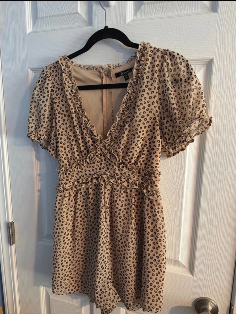 Francesca’s Beige Leopard Print Romper with Ruffle Trim